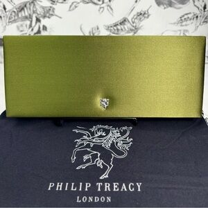 Philip Treacy Green Large Rectangular 13.5”x6” Satin Evening Clutch Purse